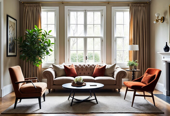 Fototapeta premium Elegant living room interior with velvet armchairs tufted sofa and large windows