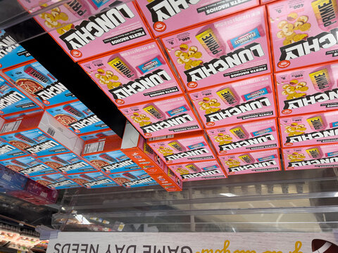 Seattle, WA USA circa October 30 2024: Angled close up of Lunchly portable kids lunches inside a grocery store.