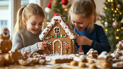 Children joyfully decorating a gingerbread house with holiday treats and festive decor in a cozy home setting