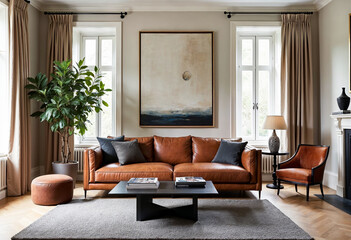 Fototapeta premium Modern living room interior with leather sofa coffee table and large plant
