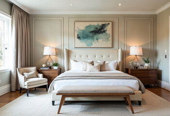 Luxury master bedroom interior design with beige furniture accent wall hardwood floors large windows and a cozy armchair