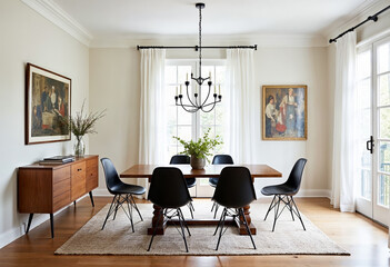 Fototapeta premium Bright dining room interior design with modern mid century furniture wood floors chandelier rug and art