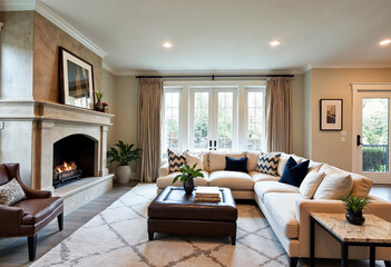 Fototapeta premium Spacious living room interior with fireplace cozy furniture and large windows natural light home decor elegant design neutral colors hardwood floors area rug comfort relaxation homeliness warmth