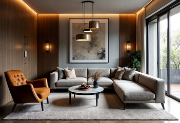 Fototapeta premium Modern Living Room Interior with Comfortable Sofa Rug Coffee Table Leather Armchair Wood Paneling and Elegant Lighting Design Trends Home Decor Warm and Inviting Atmosphere Neutral Colors and Textures