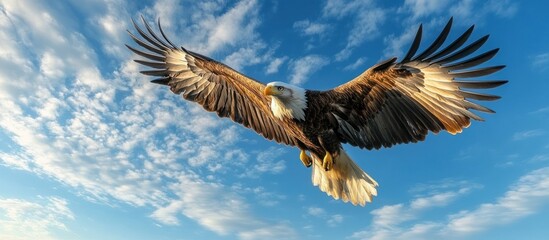 Fototapeta premium Bald eagle in flight against a blue sky with white clouds.