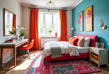 Fototapeta premium Bright Colorful Bedroom Interior Design Red Pink Teal Decor Floral Paintings Wooden Furniture Desk Area Window Natural Light Apartment Therapy Home Decor Home Staging