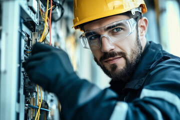 Electrician in uniform and safety glasses working on an electrical panel at a construction site.