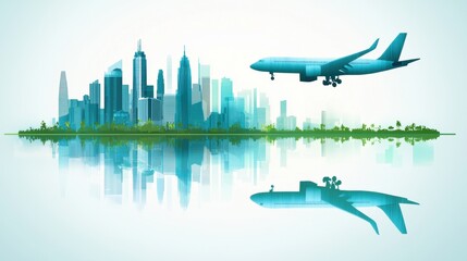 Cityscape with Airplane Flying Above Reflection