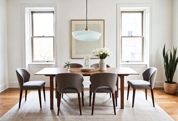 Modern dining room interior design with wooden table gray chairs white walls large windows and minimalist decor