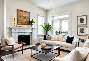 Fototapeta premium Bright and airy living room interior with fireplace white sofa and large windows overlooking nature views