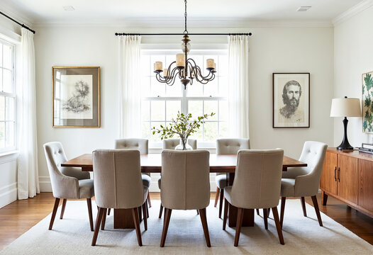 Bright airy dining room interior design with wood table chandelier and neutral decor