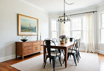 Bright airy dining room interior design with farmhouse table chandelier and large windows