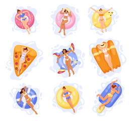 Woman Character on Air Mattresses Floating in Swimming Pool Vector Set