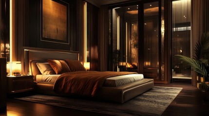 Refined luxury bedroom with a silk bedspread, modern furnishings, and ambient lighting