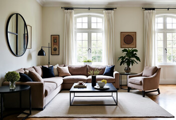Fototapeta premium Chic contemporary living room interior with beige sofa houseplants and large windows