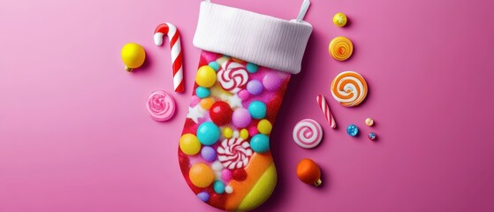 A colorful candy cane filled stocking sits on a pink background