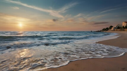 Fototapeta premium the situation on the beach in the afternoon with calm waves and very beautiful conditions, and the charm of the clear sky generative ai