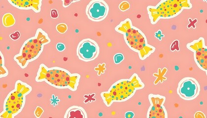 A vibrant pattern filled with colorful candies and playful shapes on a pink background