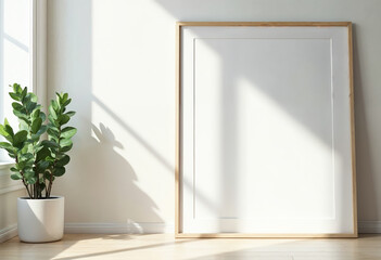 Minimalist interior mockup with blank wooden frame plant in pot sunlight shadows on white wall background 3d rendering illustration