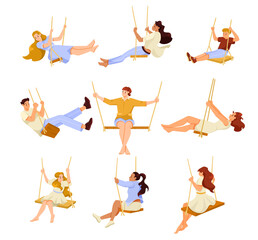 Happy People on Swing of Wooden Plank and Rope Vector Set