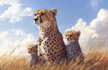 Mother cheetah and cubs resting in the savanna, showcasing wildlife beauty and maternal care