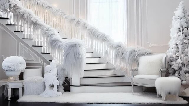 White christmas trees are standing in a luxurious home interior next to a staircase decorated with lights and white feather boas