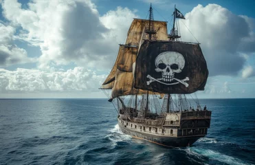 A pirate ship sails across the blue sea, proudly displaying its black and white skull flag