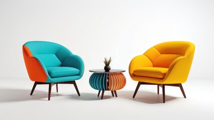 A modern seating arrangement featuring colorful chairs and a stylish table.