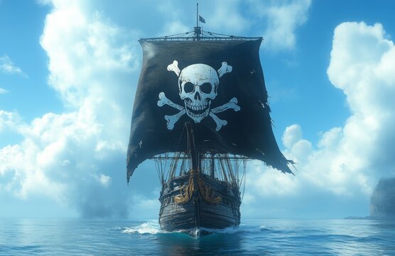 A pirate ship sails across the blue sea, proudly displaying its black and white skull flag - Powered by Adobe
