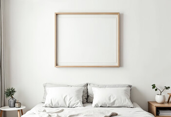 Minimalist bedroom interior background with blank picture frame mockup on white wall for artwork or print presentation comfortable bed with pillows and blanket interior design concept