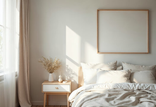 Minimalist bedroom interior design with empty picture frame mockup on white wall background wooden bed furniture boho decoration and window light home decor template