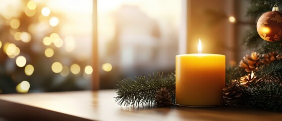 A candle is lit on a table with pine needles and a Christmas ornament