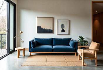 Fototapeta premium Modern minimalist living room interior design with blue velvet sofa and beige armchair concrete floor wooden furniture and abstract art on the wall natural fiber rug large window interior design