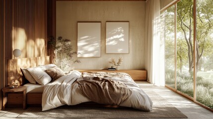 Serene bedroom with a wooden headboard, cozy throws, and natural light streaming in