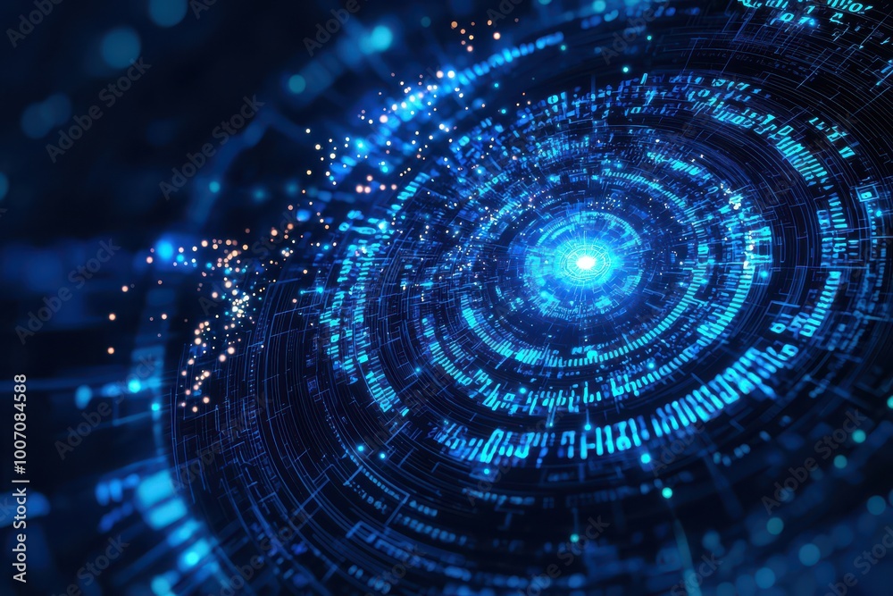 Poster futuristic digital eye with intricate binary code and glowing blue light, representing advanced tech