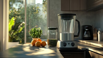 A modern blender positioned on a kitchen table, ready for culinary creations and smoothies