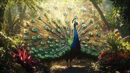 Obraz premium majestic peacock spreading its vibrant tail feathers in lush garden, surrounded by colorful flowers and greenery, creates stunning visual display of natures beauty