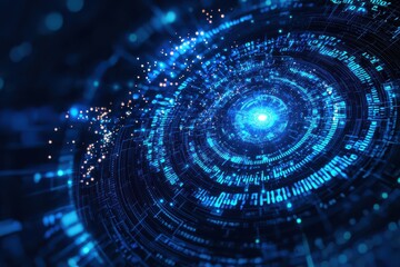 Obraz premium Futuristic digital eye with intricate binary code and glowing blue light, representing advanced technology and data analysis