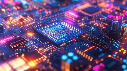 Obraz premium Colorful Electronic Circuit Board with Vibrant Lights