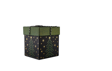 Square green box with opening lid on a white background