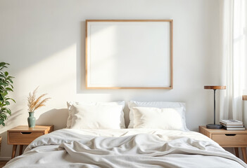 Minimalist bedroom interior with blank picture frame mockup on white wall background bedding pillows lamp and houseplant on wooden nightstand natural sunlight home design interior decoration