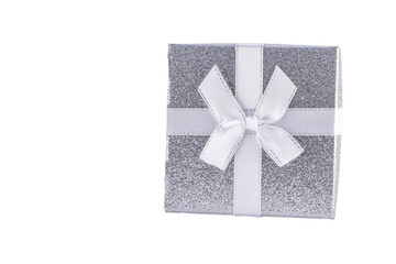 Silver decorative square small box with white bow on white background