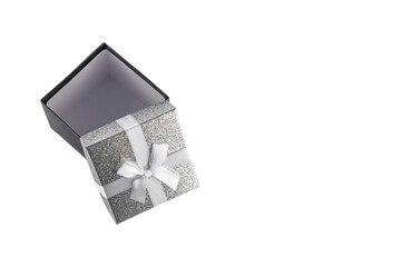 Silver decorative square small box with white bow on white background