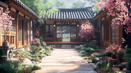 Fototapeta premium A serene courtyard with traditional Japanese architecture and blooming cherry blossoms.