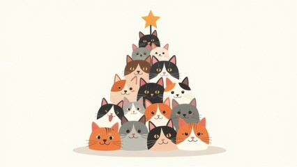 Fototapeta premium Cute cat faces arranged as a Christmas tree, copy space Illustration of multiple cat faces stacked in a Christmas tree shape with a star on top, featuring various cat breeds and colors. Light 