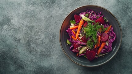 A vibrant vegan salad with cabbage beets and carrots seasoned with dill and sesame is showcased on a gray background The image promotes the idea of an alkaline diet. copy space available