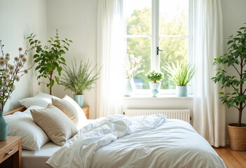 Bright airy bedroom interior design with unmade bed and green plants in pots on window sill minimalist style home decor for cozy morning relax and comfortable sleep authentic window light houseplant