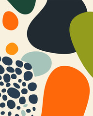 A poster of organic shapes in green, orange, and blue 