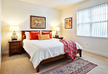 Modern Bedroom Design Interior Decor Home Decor Real Estate Spacious Minimalist Simple Comfortable Pillows Bedside Table Lamps Natural Light Window Carpet Rug Artwork Painting Floral Wall Art Cozy