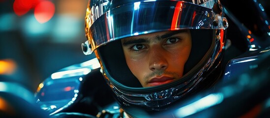 Close up portrait of a young man in a racing helmet.
